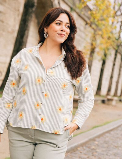 Chemise manches longues brodée jaune femme