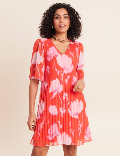 Robe courte &eacute;vas&eacute;e col v manches coudes rouge femme