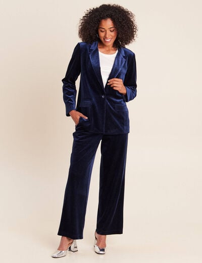 Pantalon large taille haute &agrave; paillettes bleu fonc&eacute; femme