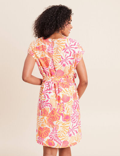 Robe droite courte col v manches courtes rose corail femme