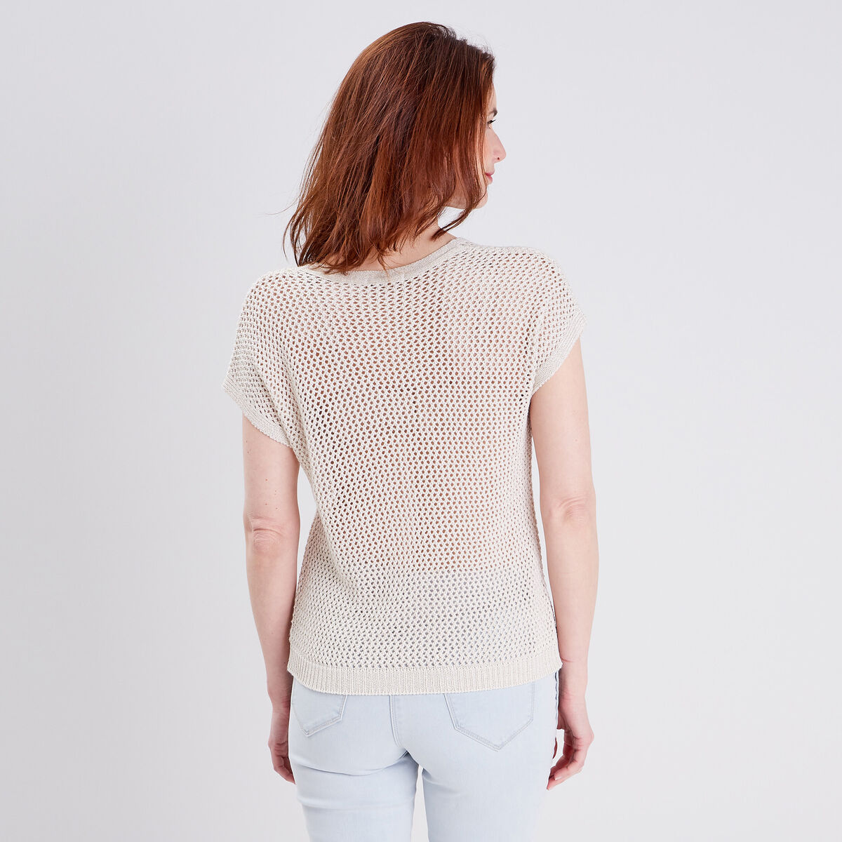 Pull manches courtes ajour&eacute; ecru femme