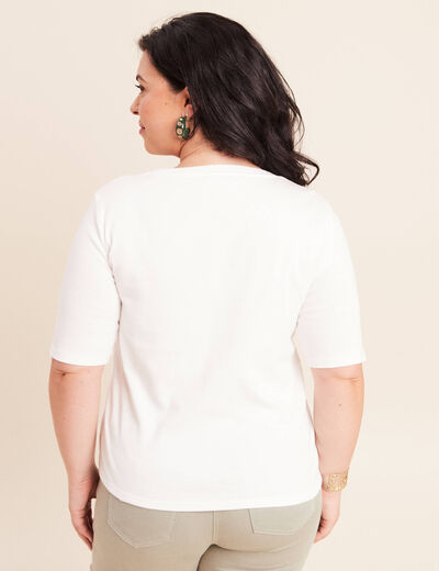 T-shirt ajust&eacute; col rond manches coudes ecru femme
