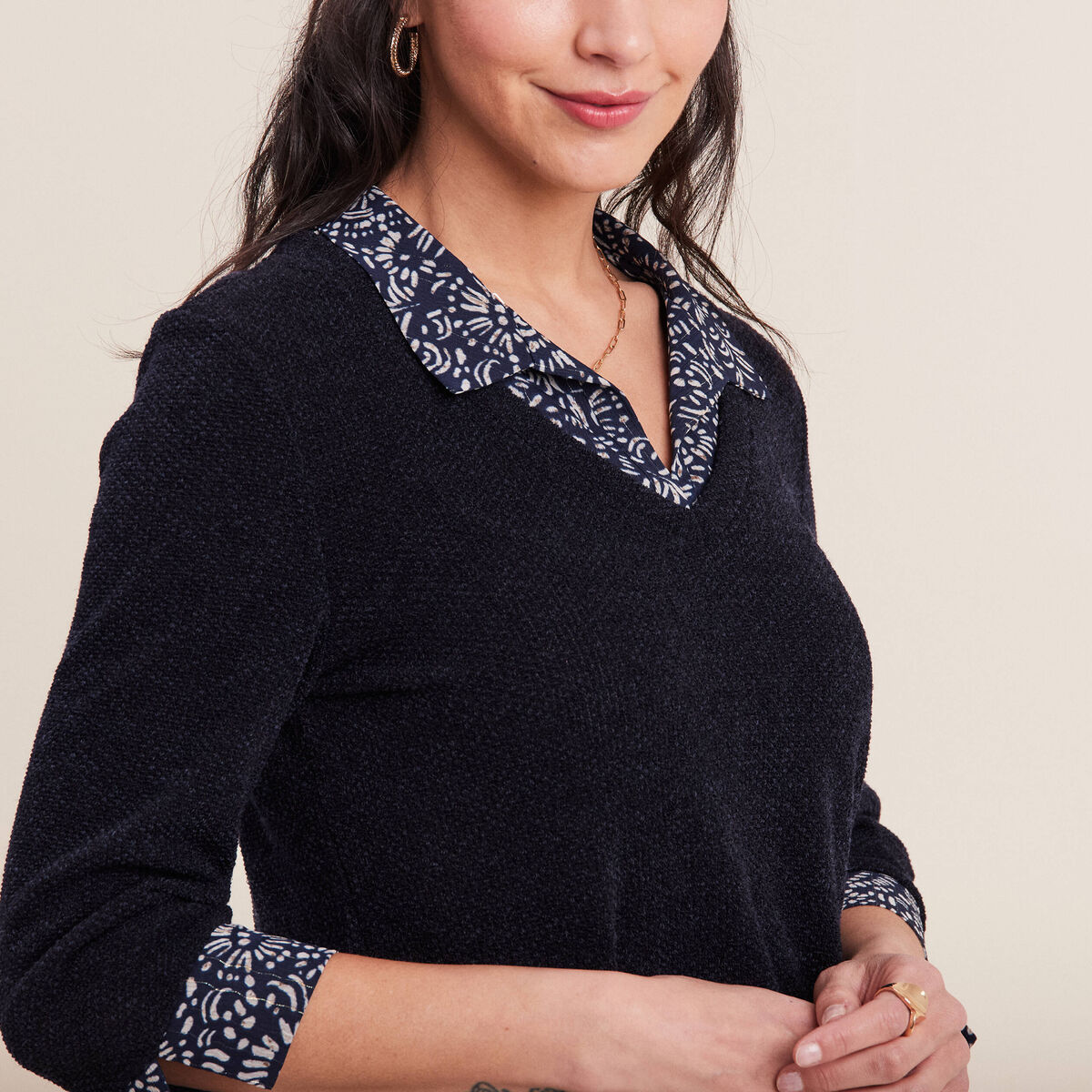 T-shirt manches 3/4 2-en-1 bleu marine femme