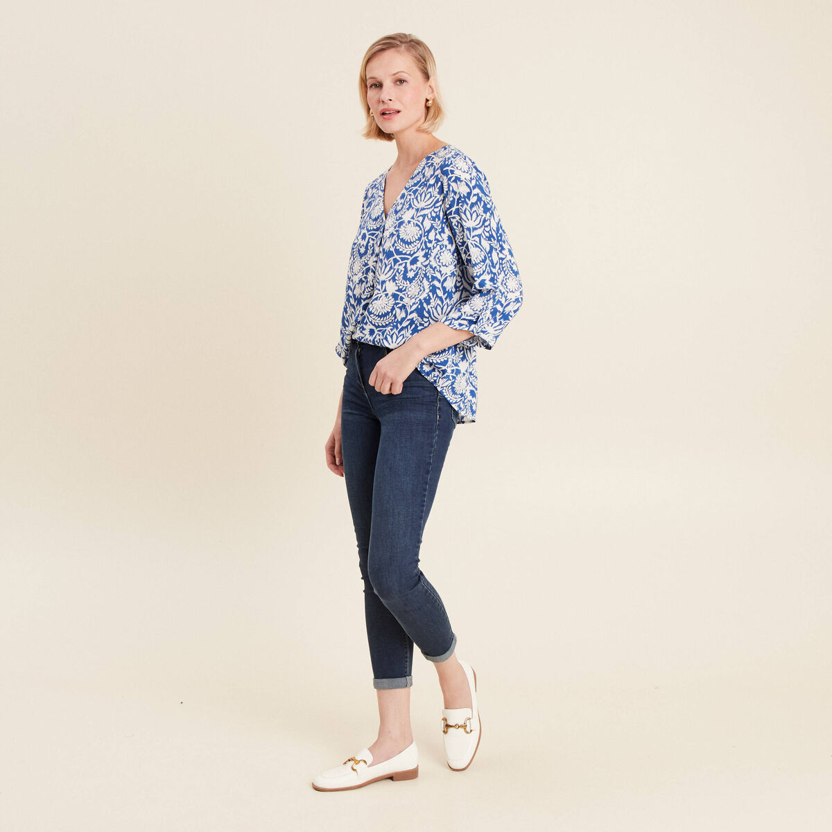 Blouse manches 3/4 bleu femme