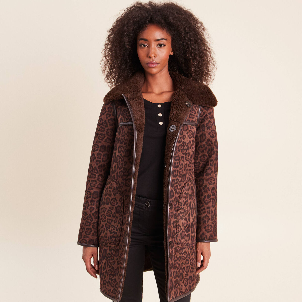 Manteau col montant marron femme