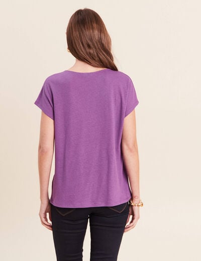 T-shirt col v manches courtes aspect lin violet femme