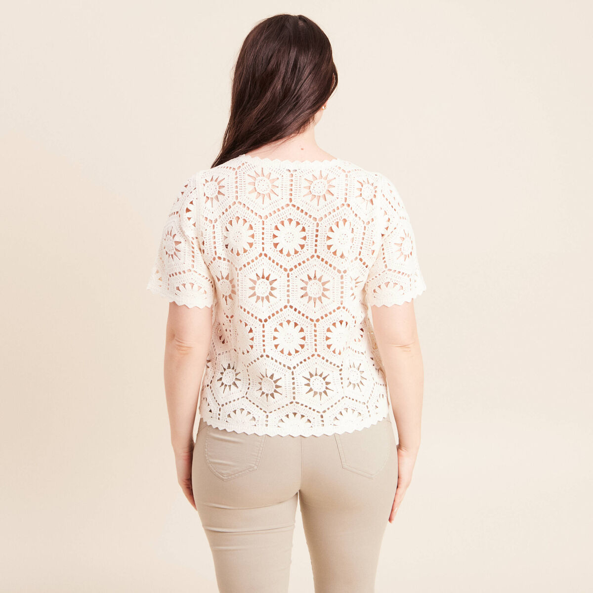 Pull col rond manches courtes dentelle ecru femme