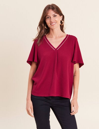T-shirt bi-mati&egrave;re manches courtes rouge fonc&eacute; femme