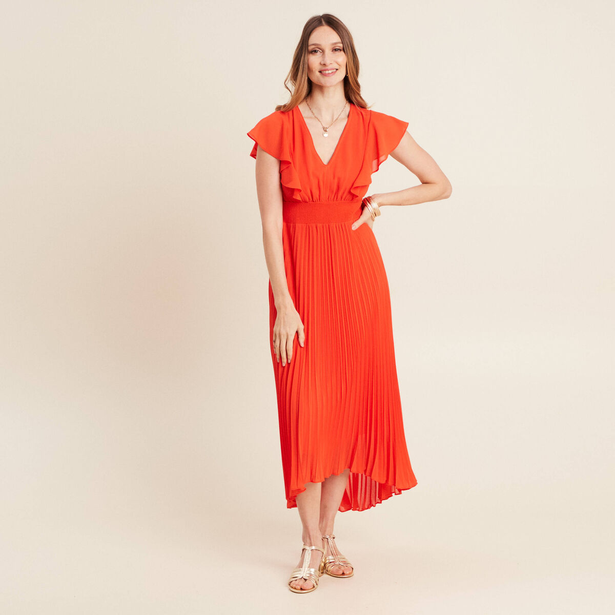 Robe longue &eacute;vas&eacute;e &agrave; volants orange fonc&eacute; femme
