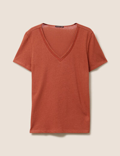 T-shirt manches courtes col en V marron foncé femme