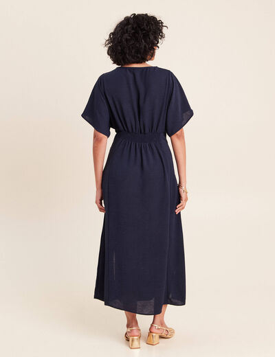Robe longue &eacute;vas&eacute;e col v manches coudes bleu marine femme