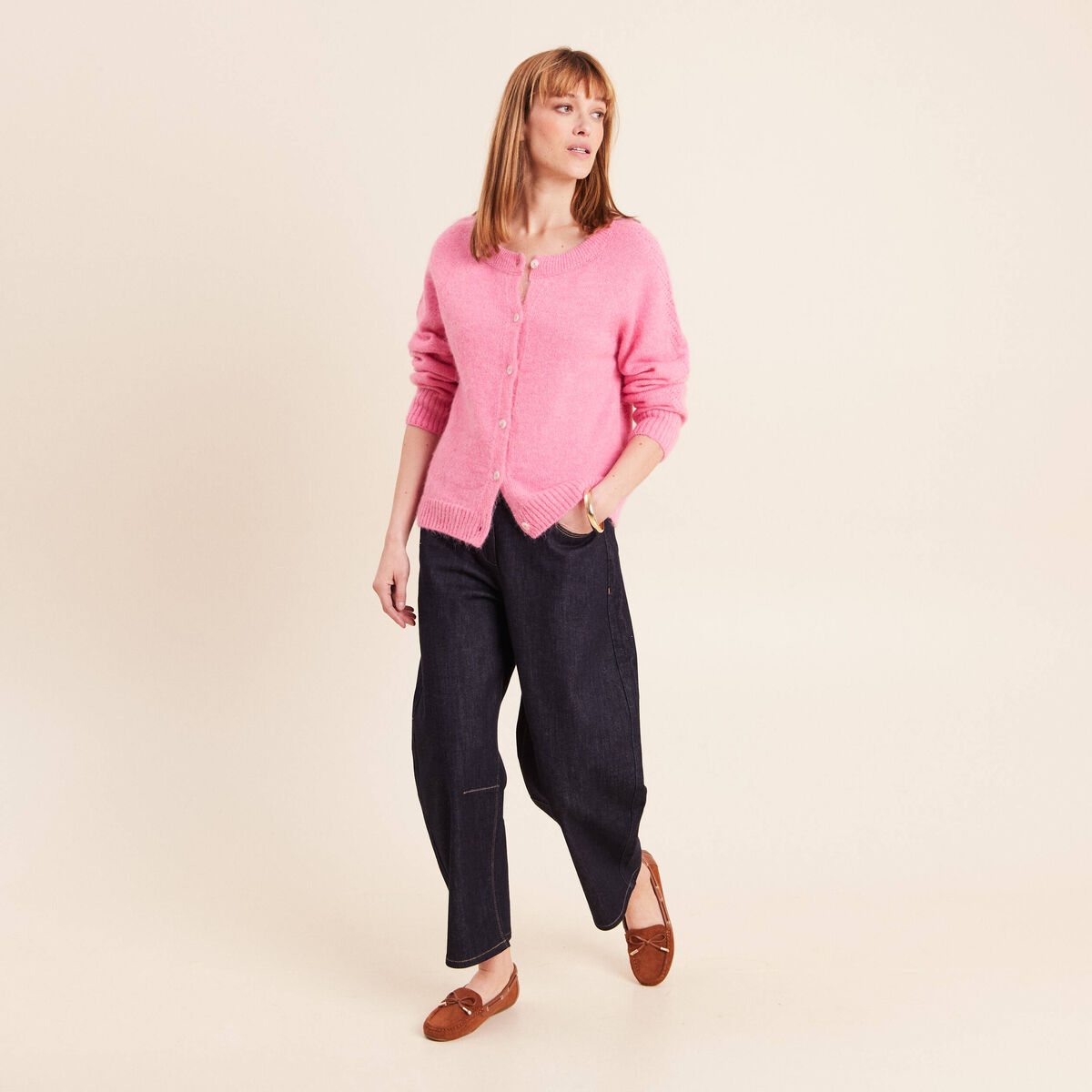 Gilet manches longues col rond rose fushia femme