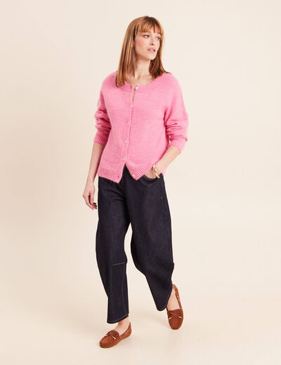 Gilet manches longues col rond rose fushia femme
