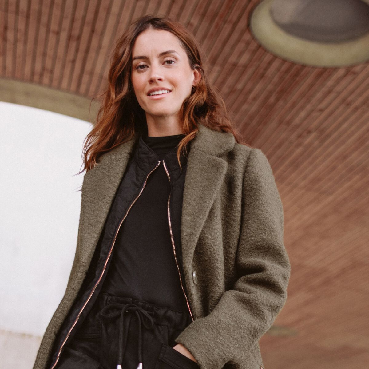 Manteau 3 en 1 col montant doubl&eacute; vert kaki femme