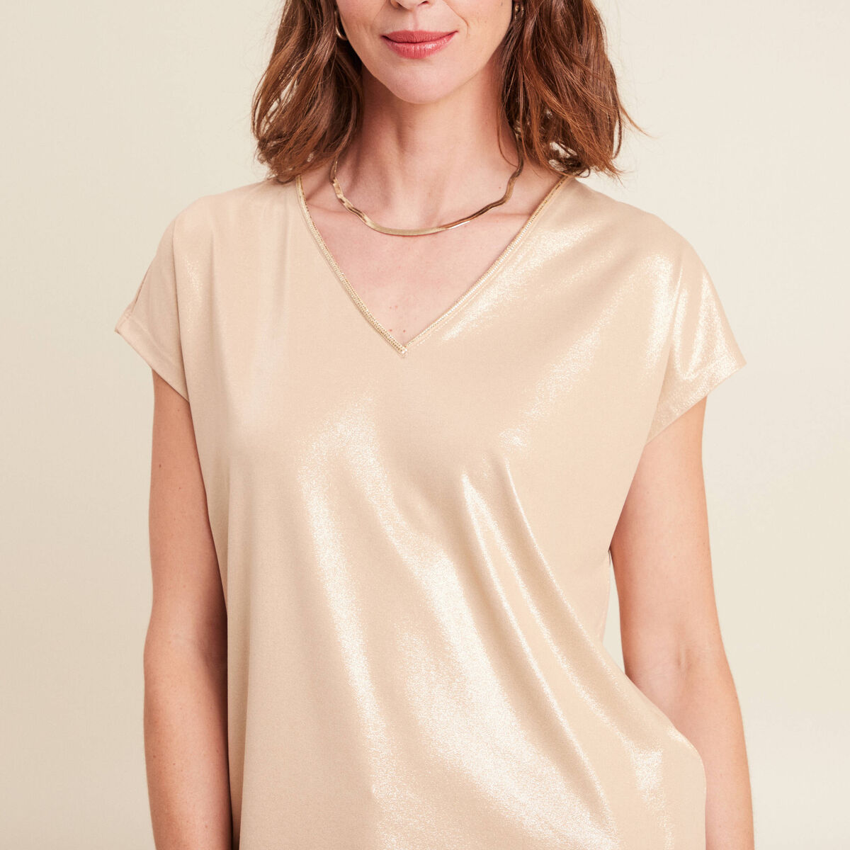 t-shirt col V manches courtes beige femme