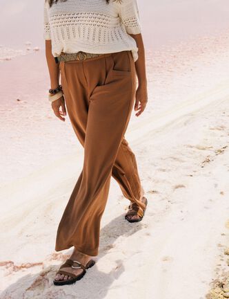 Pantalon large avec ceinture amovible marron femme