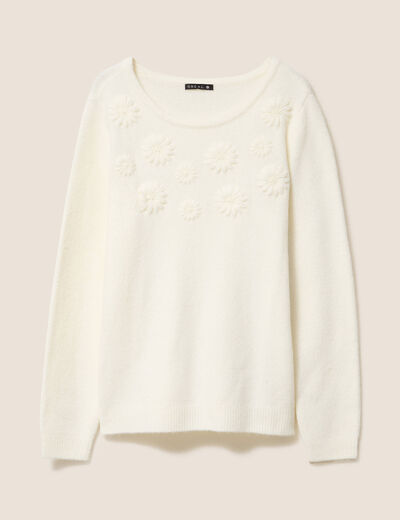 Pull brod&eacute; col rond manches longues ecru femme