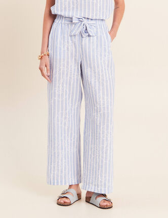 Pantalon large taille haute bleu femme