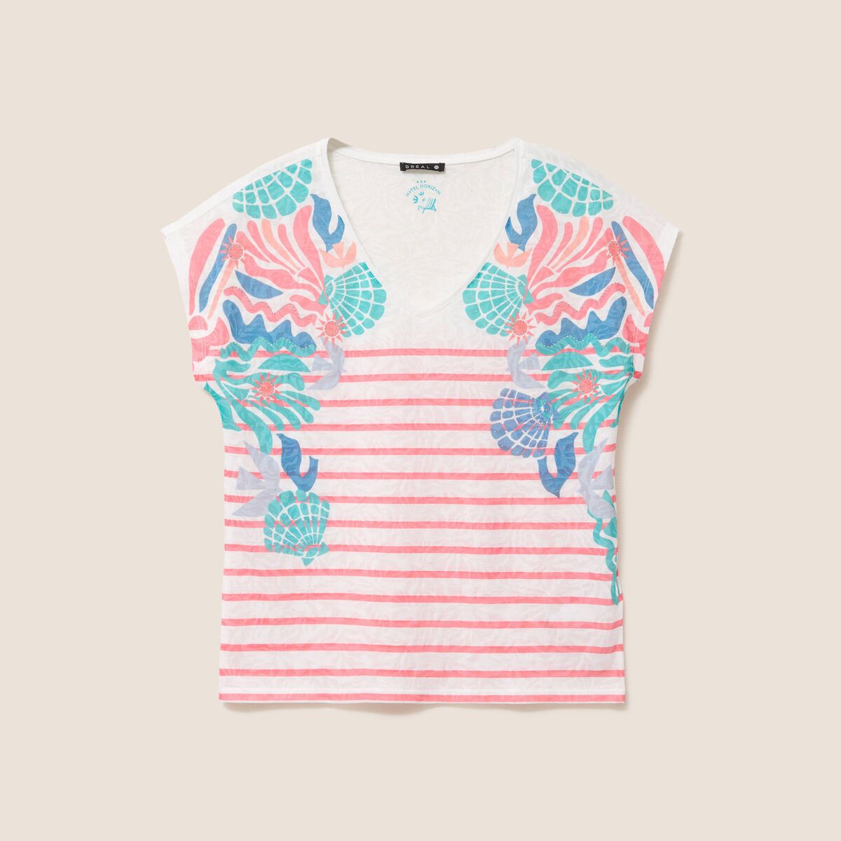 T-shirt col v manches courtes strass ecru femme