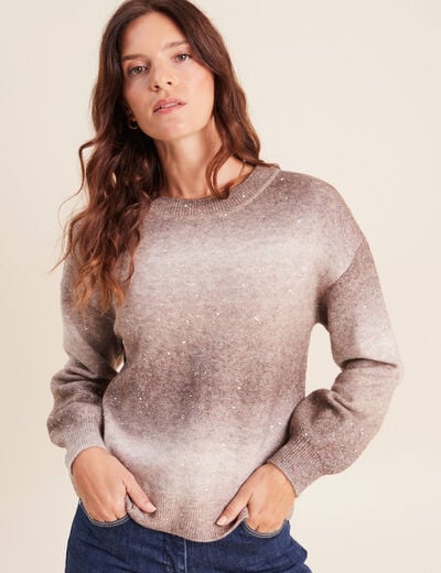 Pull col rond &agrave; sequins taupe femme