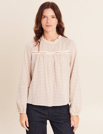 Chemise vichy manches longues col rond marron femme