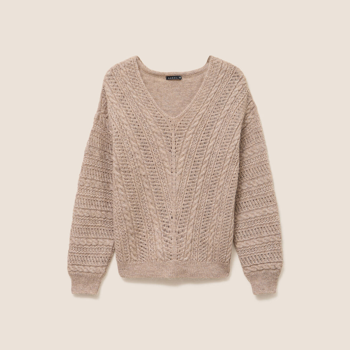 Pull col V manches longues taupe femme