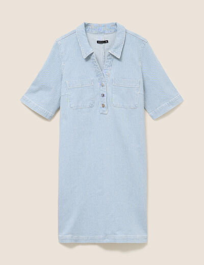 Robe droite courte en jean col chemise bleu femme