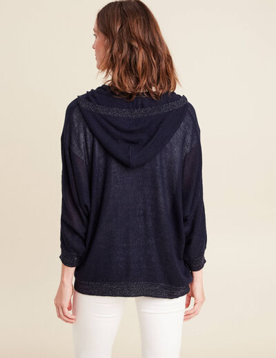 gilet droit mi-long à capuche bleu marine femme