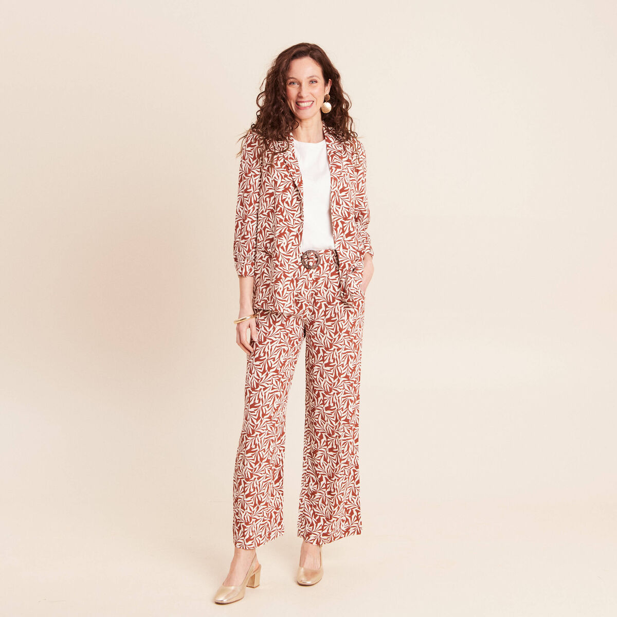 Veste longue droite col tailleur orange femme