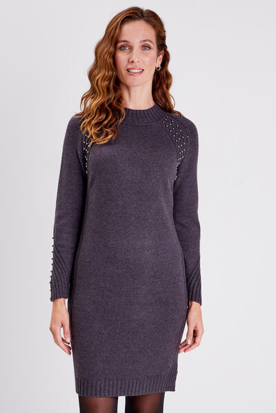 Robe pull droite avec perles gris foncé femme