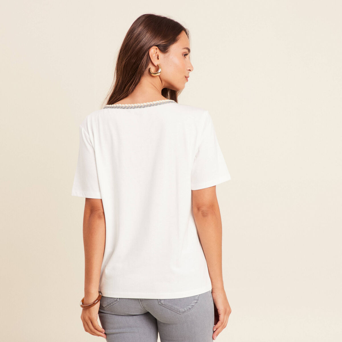 T-shirt col rond manches coudes tressé ecru femme