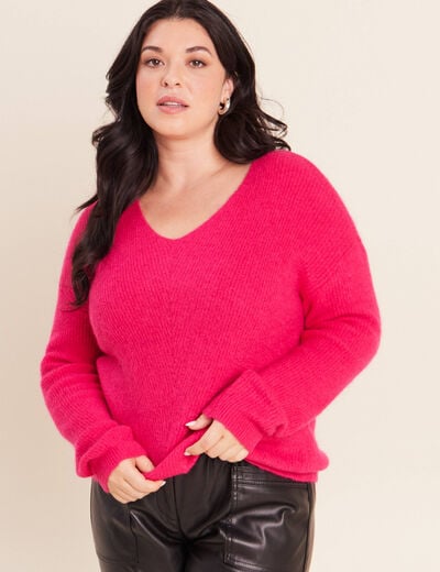 Pull col v rose femme