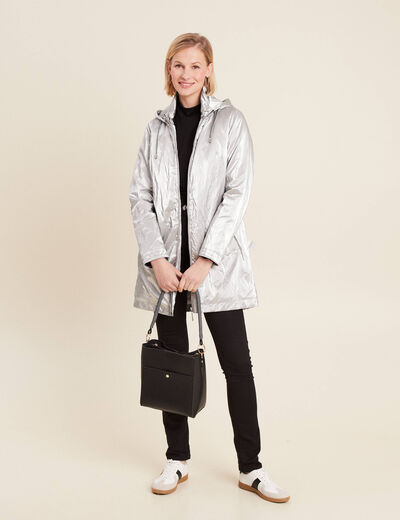 Parka métallisée à capuche gris argent femme