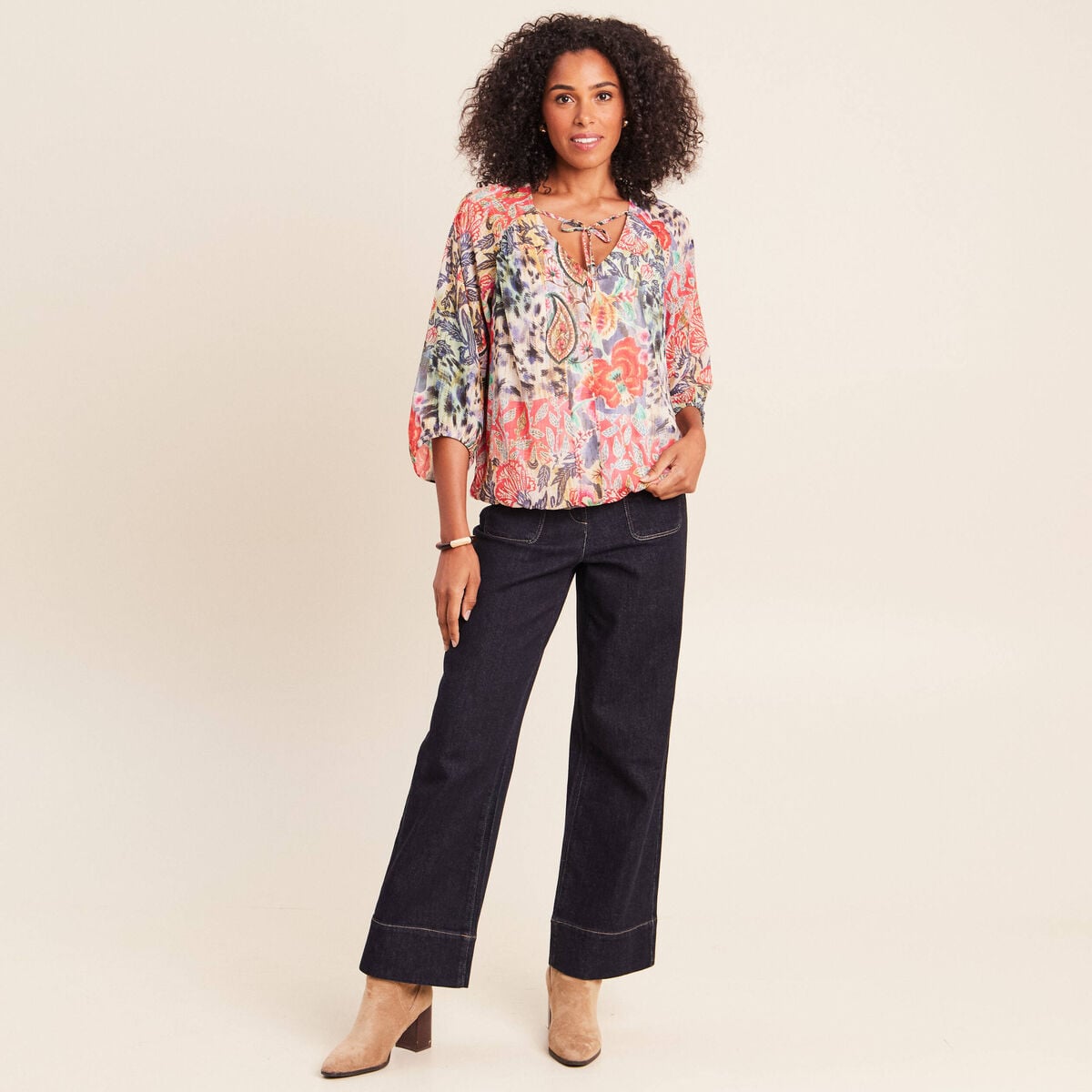 Blouse cintr&eacute;e col v manches 3/4 multicolore femme