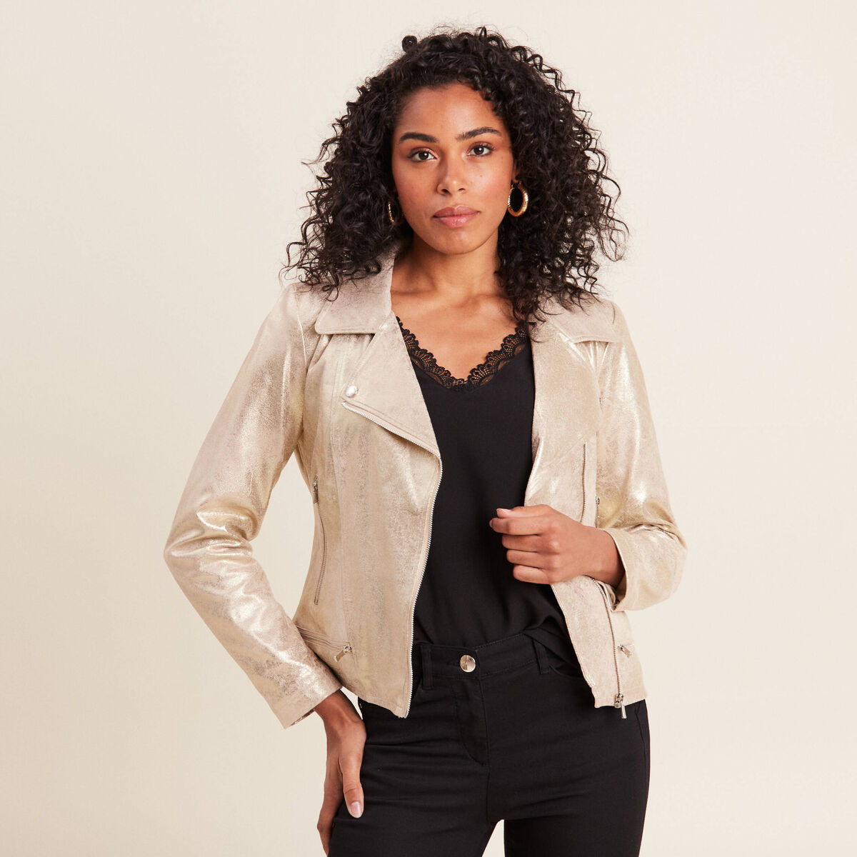 Veste esprit motard zipp&eacute;e couleur or femme
