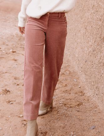 Pantalon large velours c&ocirc;tel&eacute; rose framboise femme