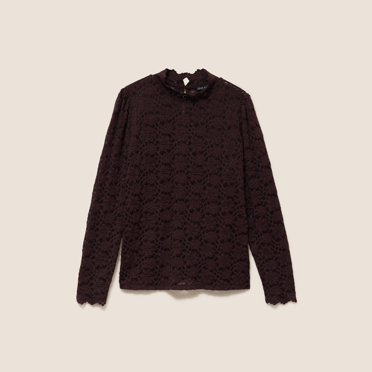T-shirt cintr&eacute; col montant dentelle marron fonc&eacute; femme