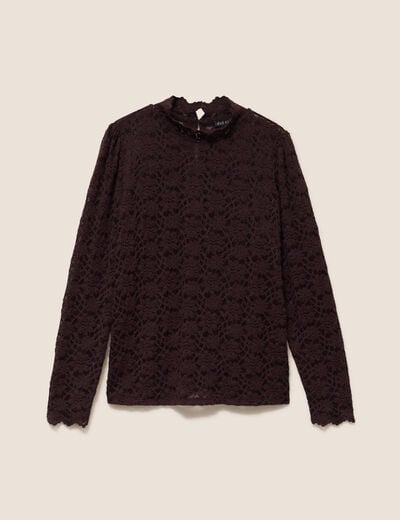 T-shirt cintr&eacute; col montant dentelle marron fonc&eacute; femme