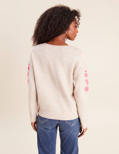 Pull col v avec broderie beige femme