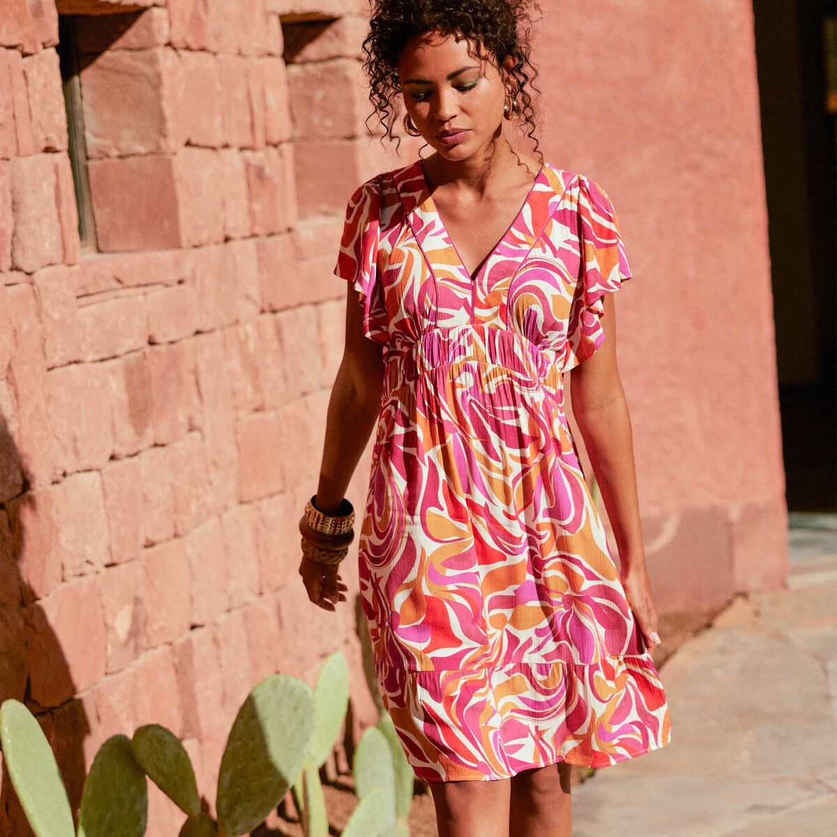 Robe évasée manches courtes orange femme