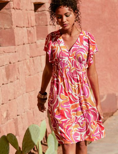 Robe évasée manches courtes orange femme