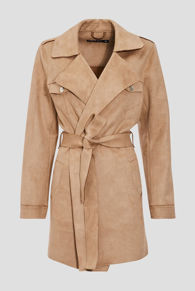 Trench droit effet suédine marron femme