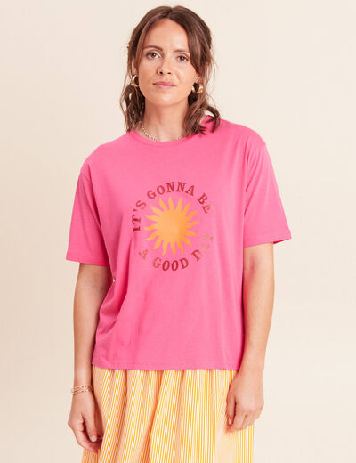 T-shirt col rond manches courtes rose fushia femme