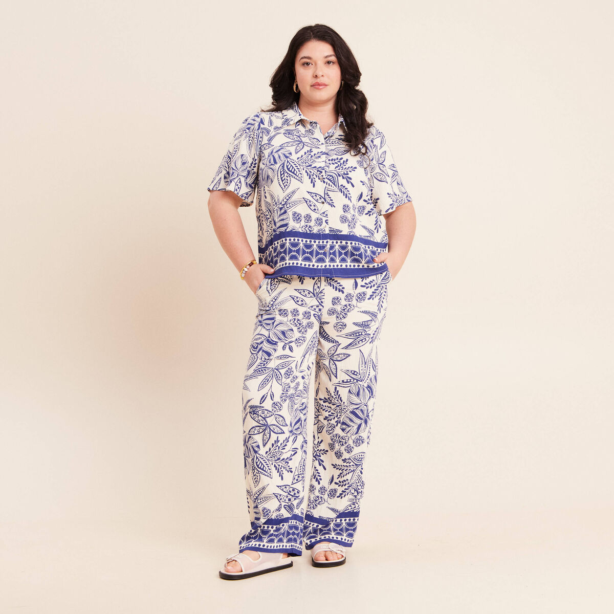 Pantalon large 7/8&egrave;me taille haute bleu femme