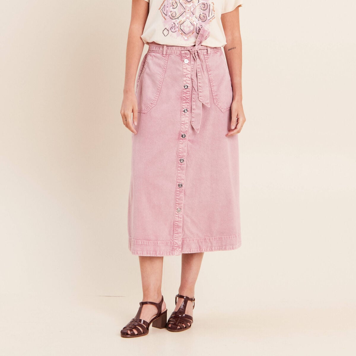 Jupe longue &eacute;vas&eacute;e rose femme