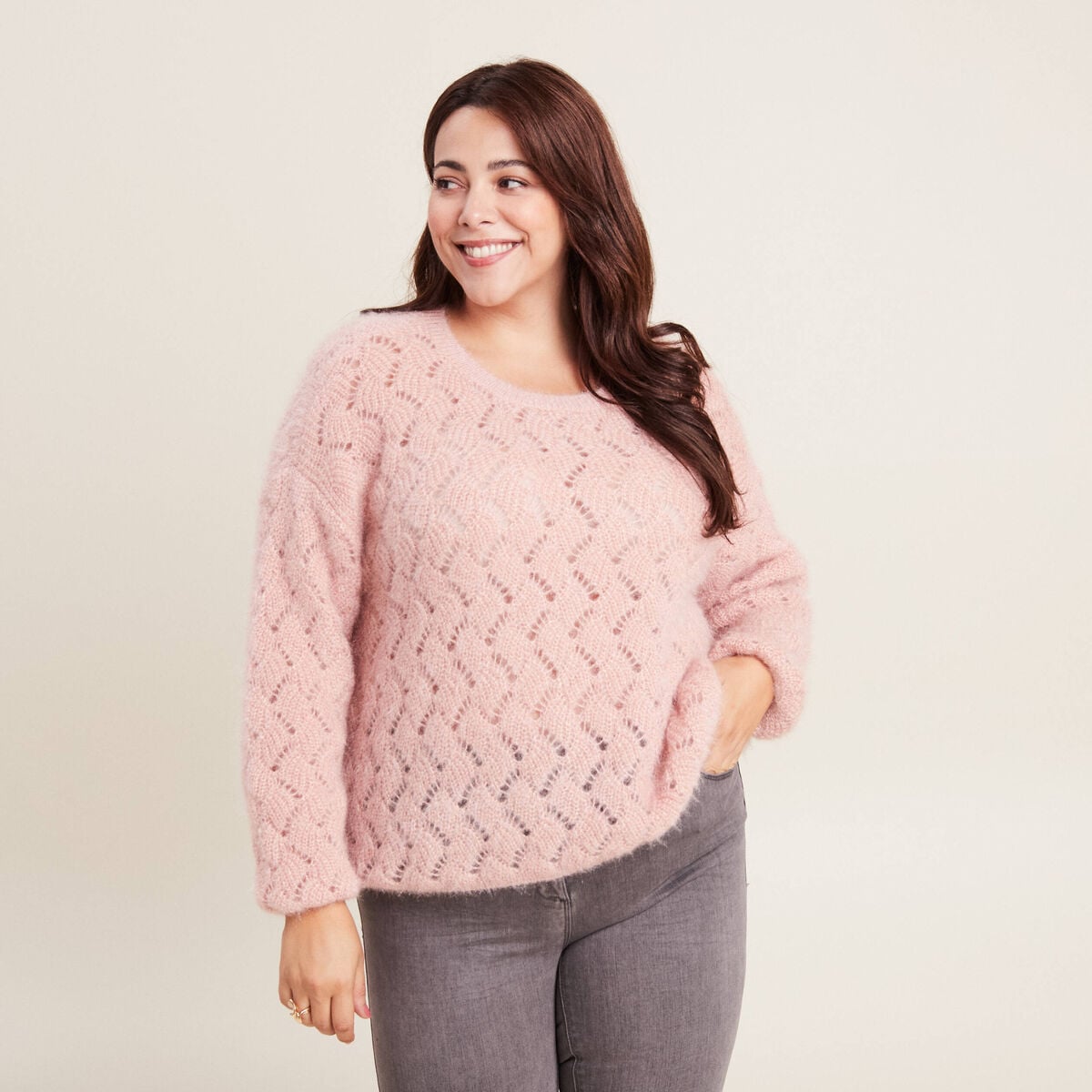 Pull manches longues ajour&eacute; vieux rose femme