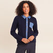 Gilet col chemise manches longues bleu fonc&eacute; femme