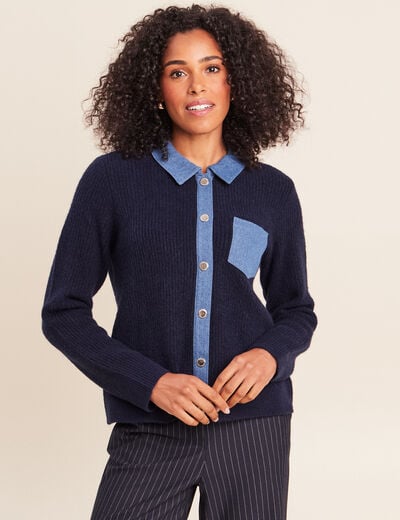 Gilet col chemise manches longues bleu fonc&eacute; femme