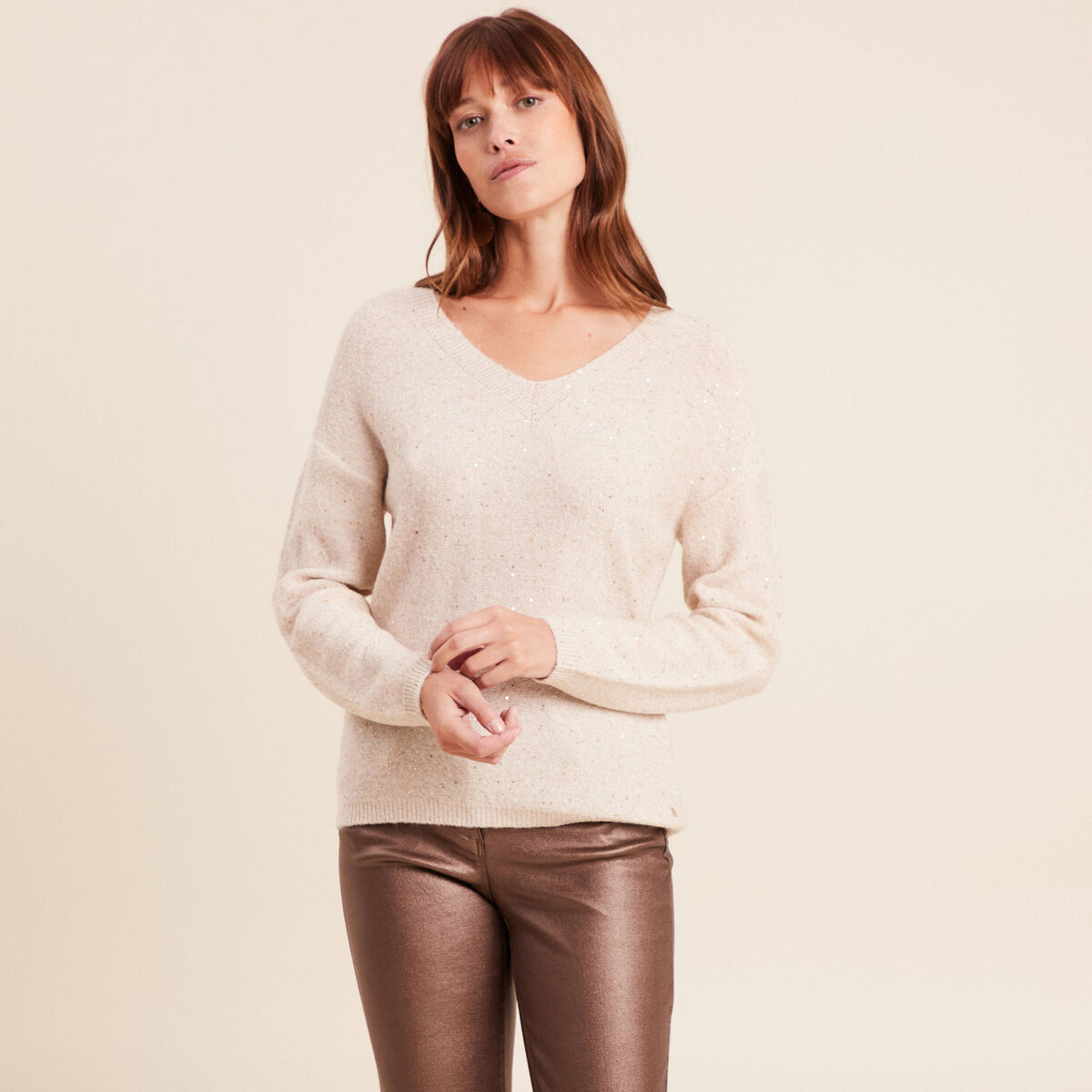 Pull col v manches longues &agrave; sequins couleur or femme