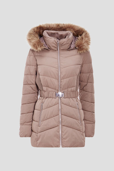 Doudoune cintrée à capuche marron clair femme